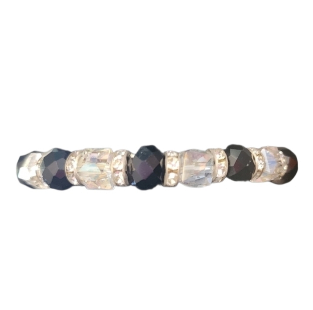 Black Iridescent Glass Beaded Stretch Bracelet Rhinestones